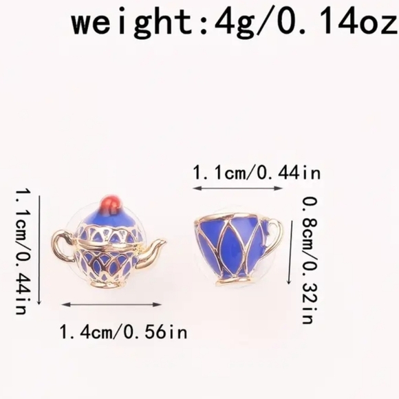Tea Time Earrings Blue Gold Teapot Tea Cup Mismatched Set European Royalty Fancy - Picture 2 of 6